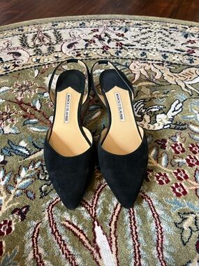 Manolo Blahnik Black Suede Pointed-Toe Slingback Pumps